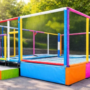 Trampoline comportant 4 pistes transportable sur remorque installation 20 minutes