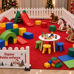 Espace petite enfance avec cubes en mousse, toboggan, animaux à bascule et petits jeux de motricité