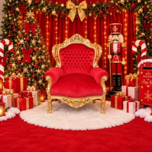 Décor photo de Noël avec fauteuil rouge et doré, sapin, guirlandes et cadeaux